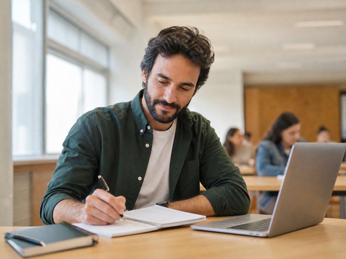 Adulto a estudar com caderno e portátil numa sessão do Centro Qualifica
